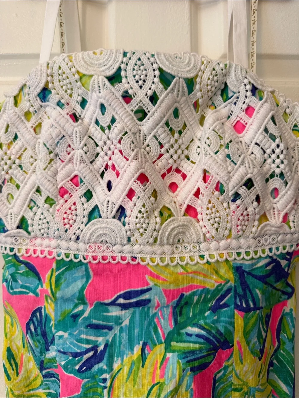 Lilly Pulitzer White Crochet & Pink Tropical Leaf Sundress - Picture 2 of 7